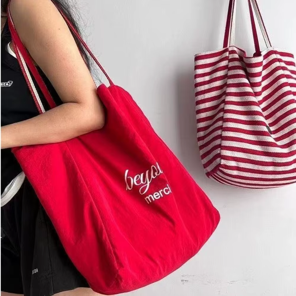 Bandolera de lona reversible a rayas, plegable y amplia - imagen 3