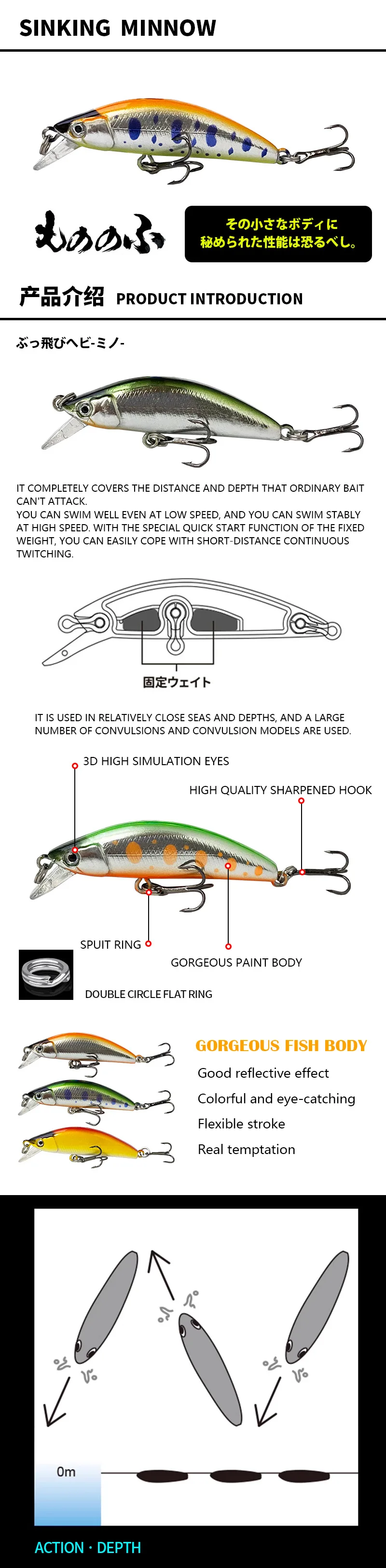 Señuelos minnow hundentes con ojos 3D y acabado realista