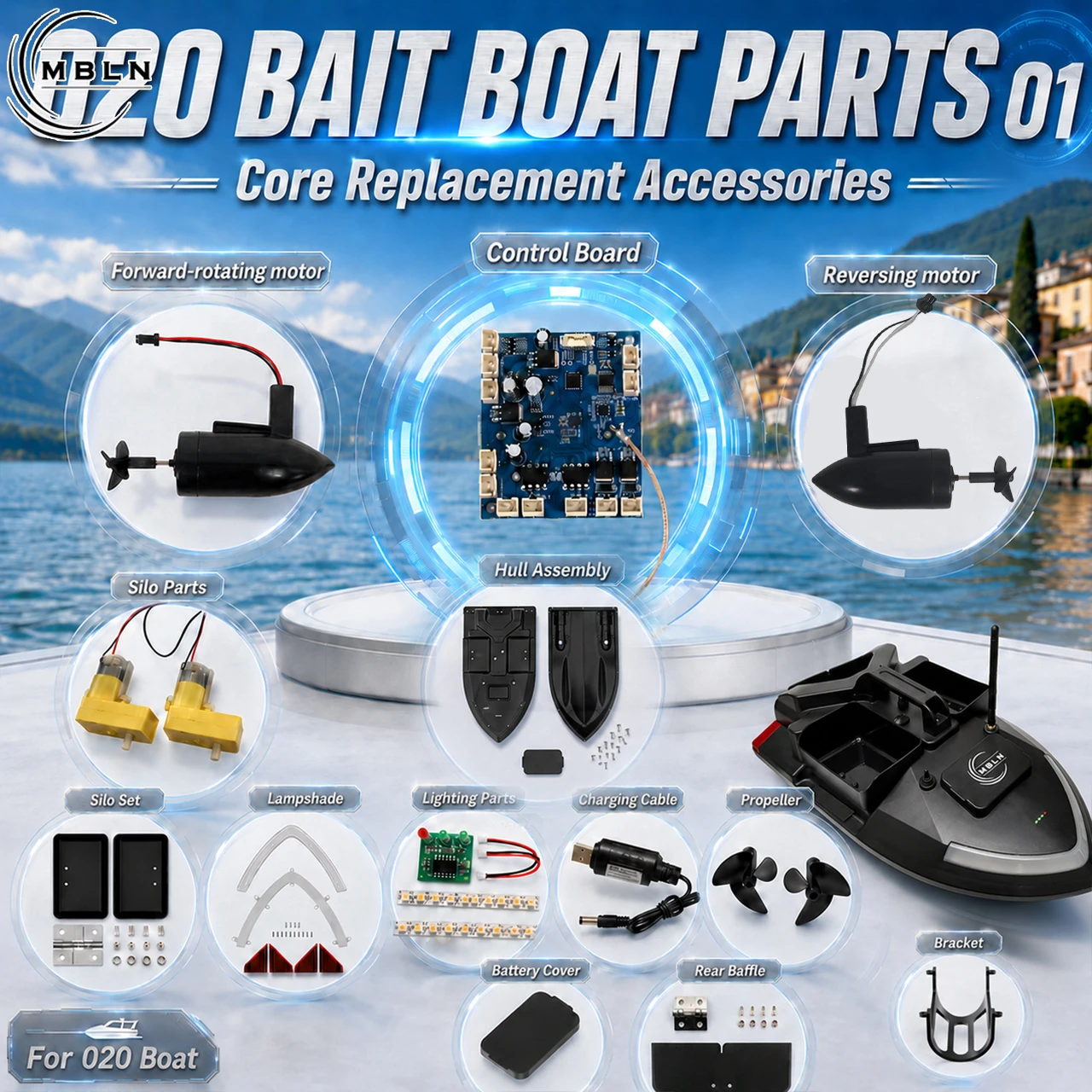 Repuestos Barco Cebador V020: motor, hélice, tolva y luz LED