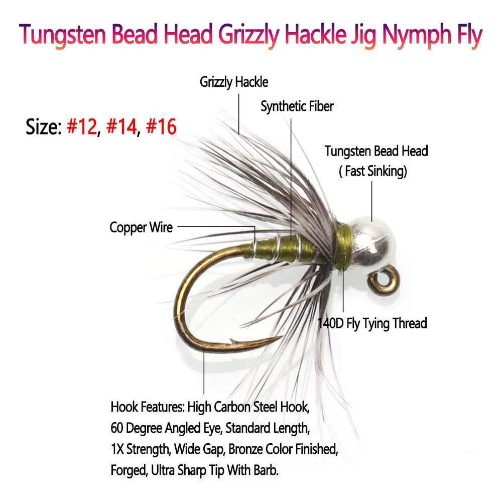 Bimoo Jig Ninfa Tungsteno Grizzly Hackle - Mosca de trucha europea
