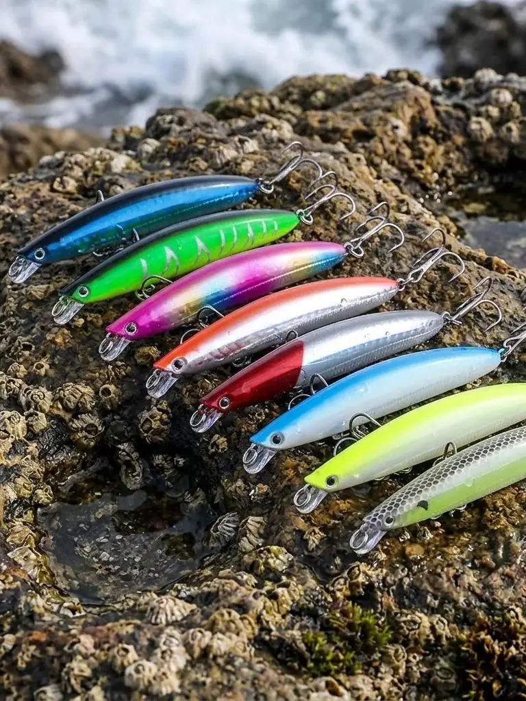 Set de 8 señuelos Minnow con acabado láser para pesca deportiva