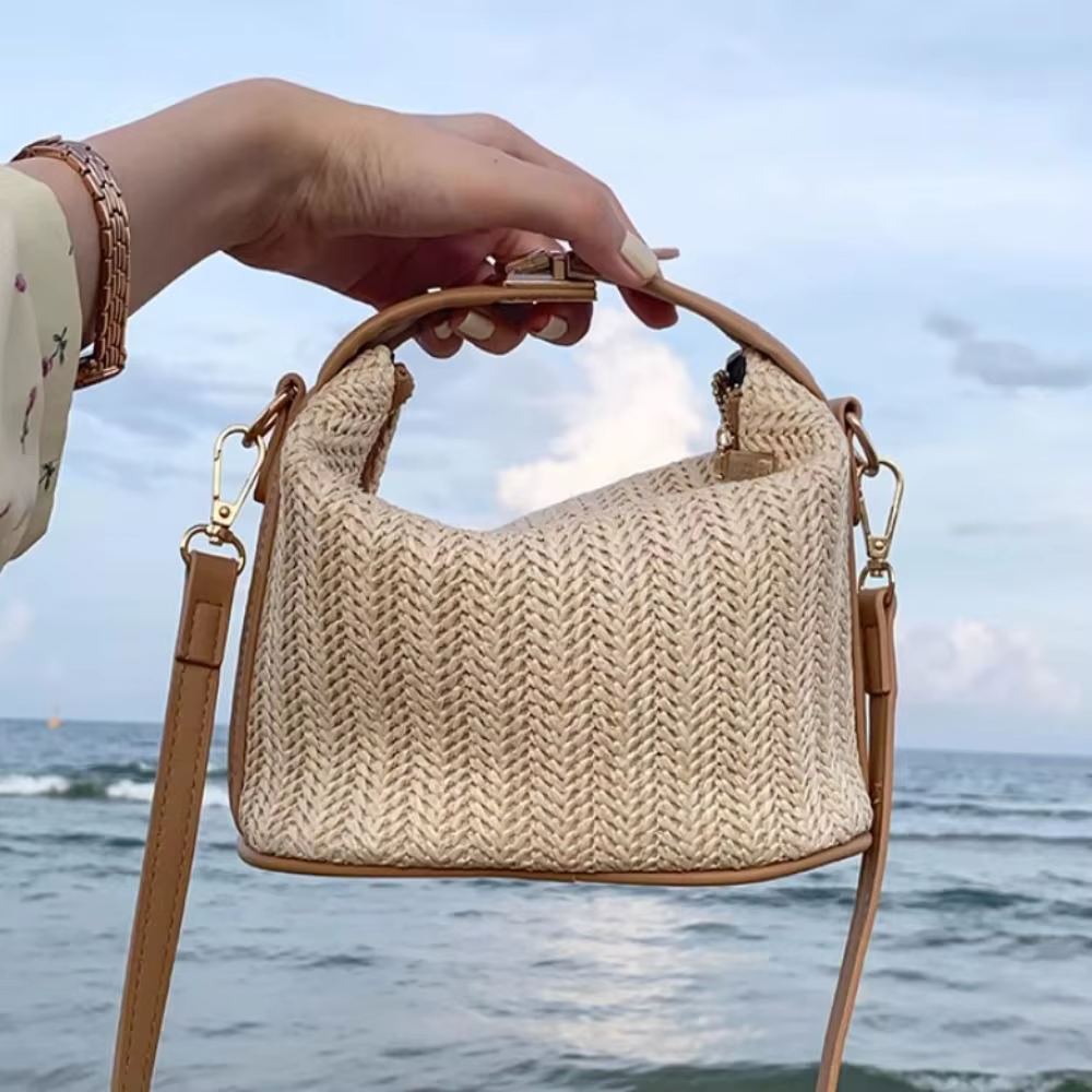 Bolso Bandolera de Paja Tejida Bohemio con Correa de Hombro