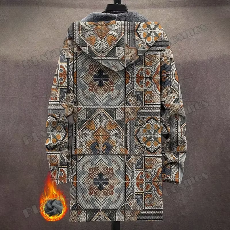 Abrigo Largo Vintage con Capucha y Estampado Geométrico 3D