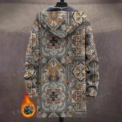 Abrigo Largo Vintage con Capucha y Estampado Geométrico 3D