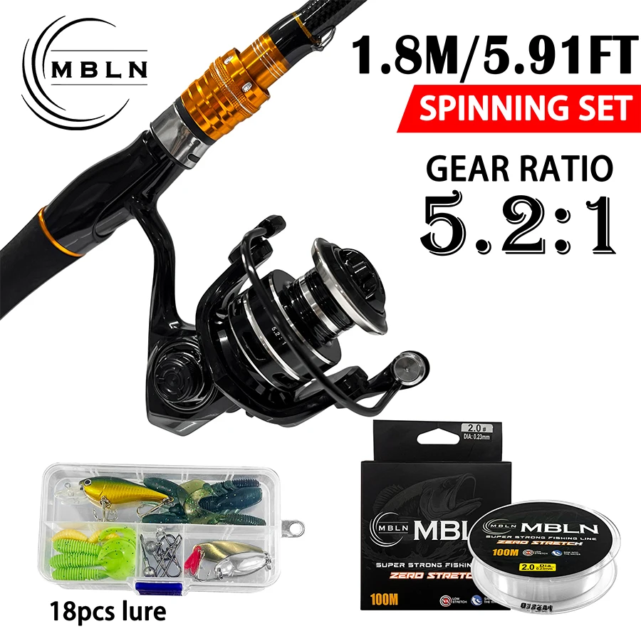 Kit completo de pesca MBLN con caña telescópica, carrete y señuelos