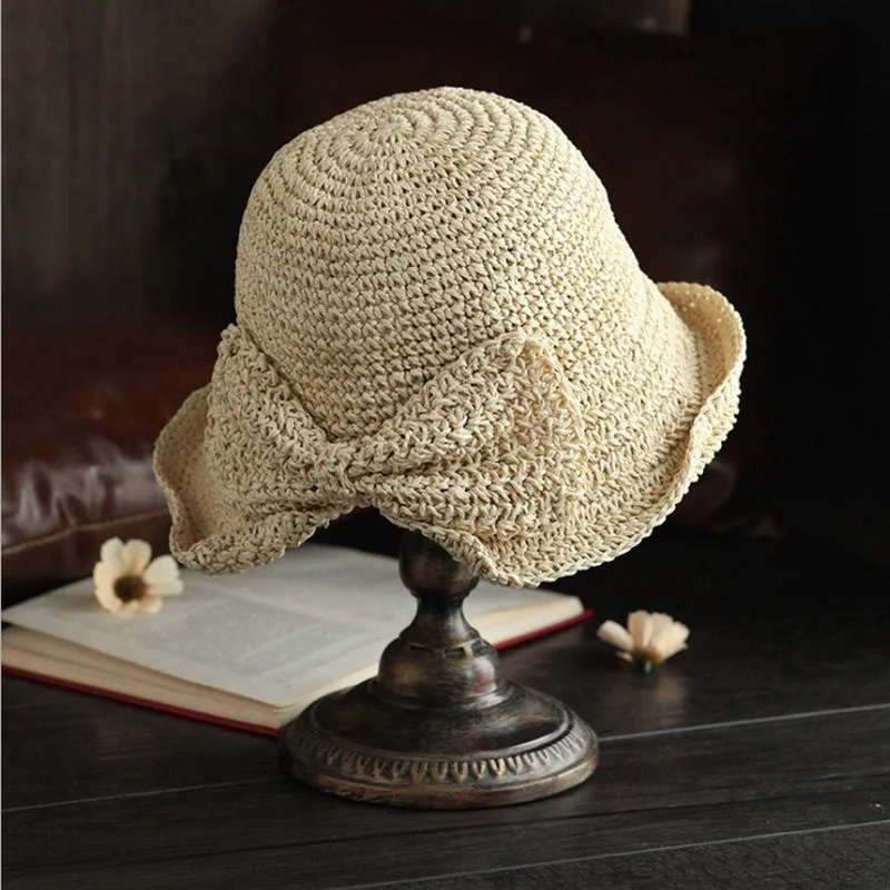 Sombrero de pesca para mujer ala ancha plegable con lazo ganchillo - imagen 3