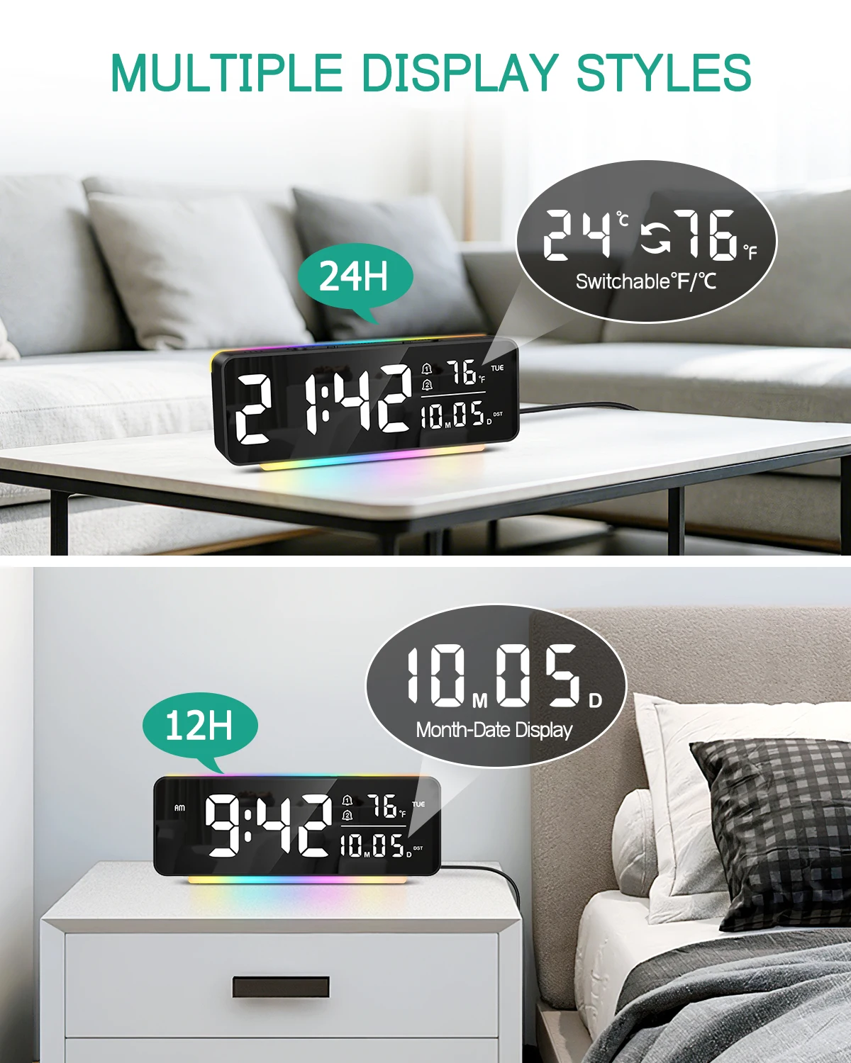 Pantalla LED transparente que muestra hora, fecha y temperatura