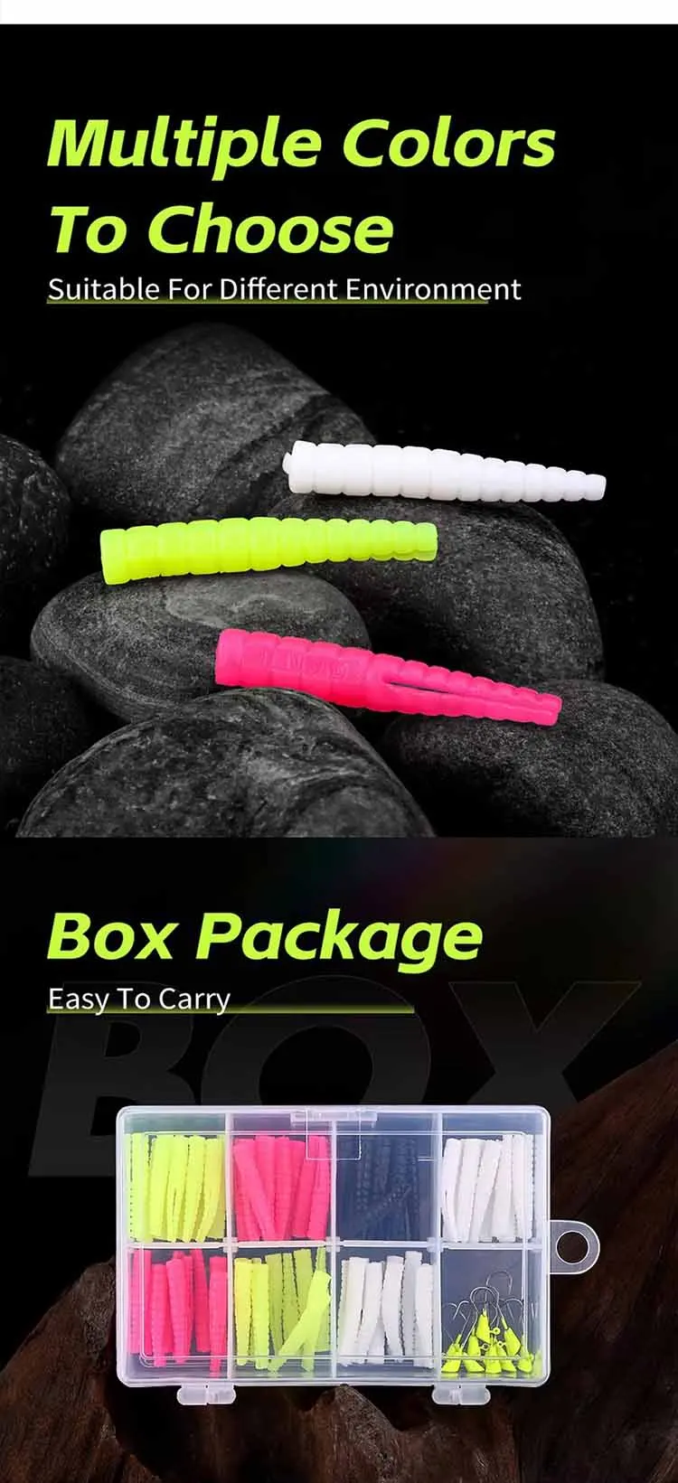 Vista del kit de pesca WEIHE con caja organizadora
