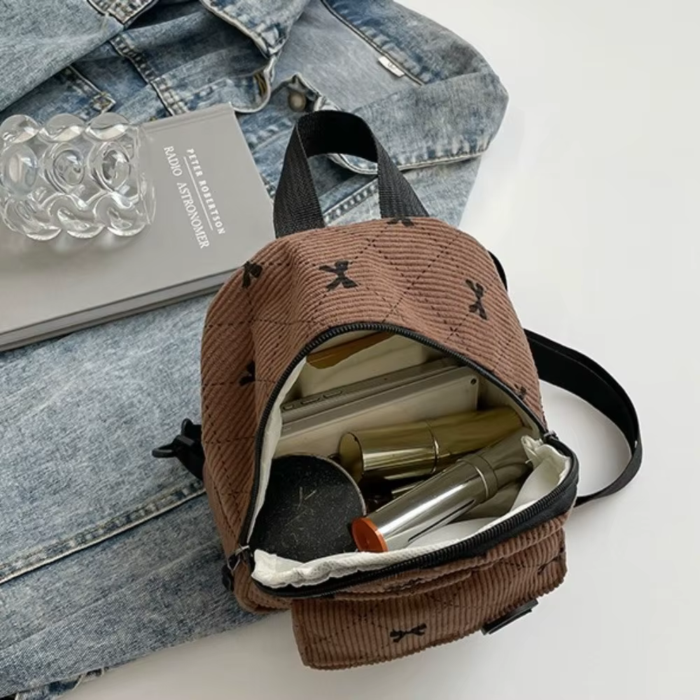 Mochila mini de pana con lazo estampado y bandolera para mujer