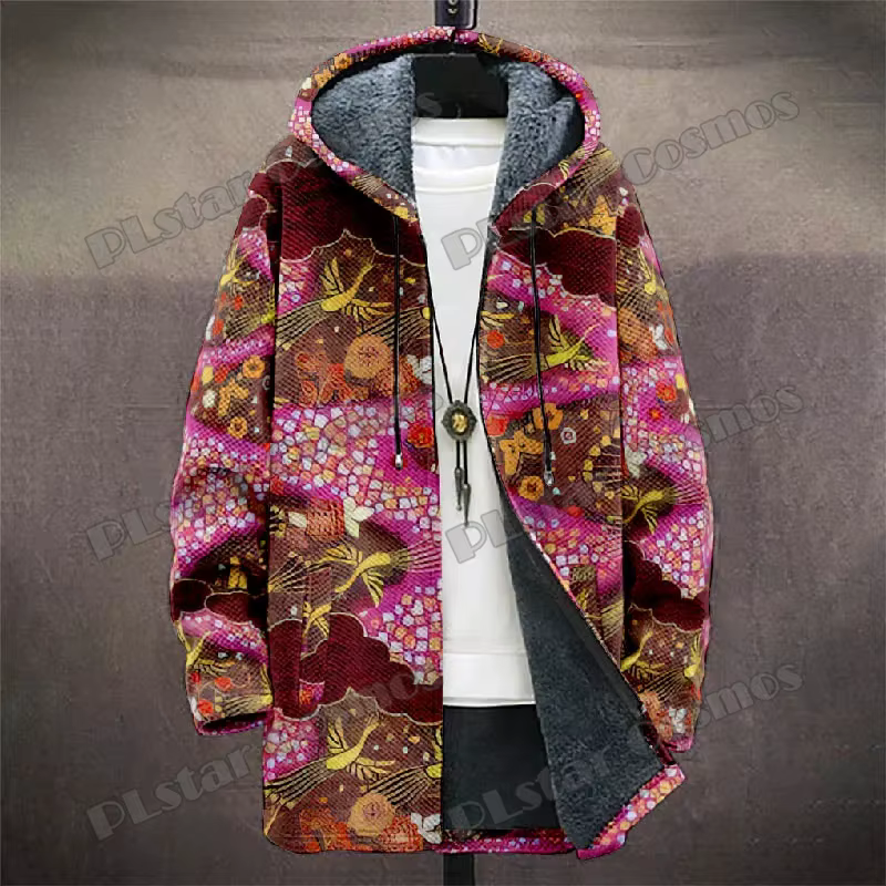 Abrigo largo de hombre con capucha, felpa y estampado floral 3D - imagen 2