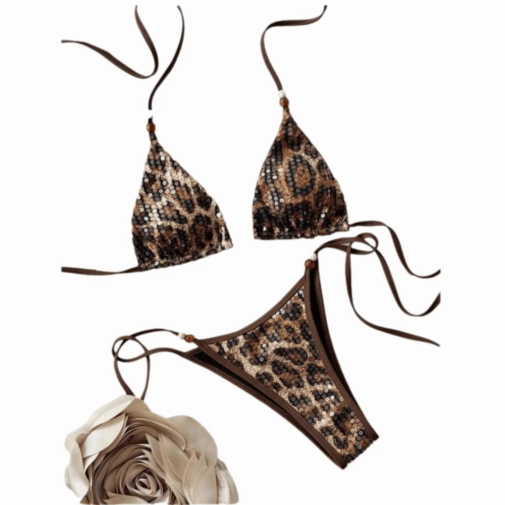 Bikini leopardo con espalda cruzada con cordones y pedrería - imagen 4