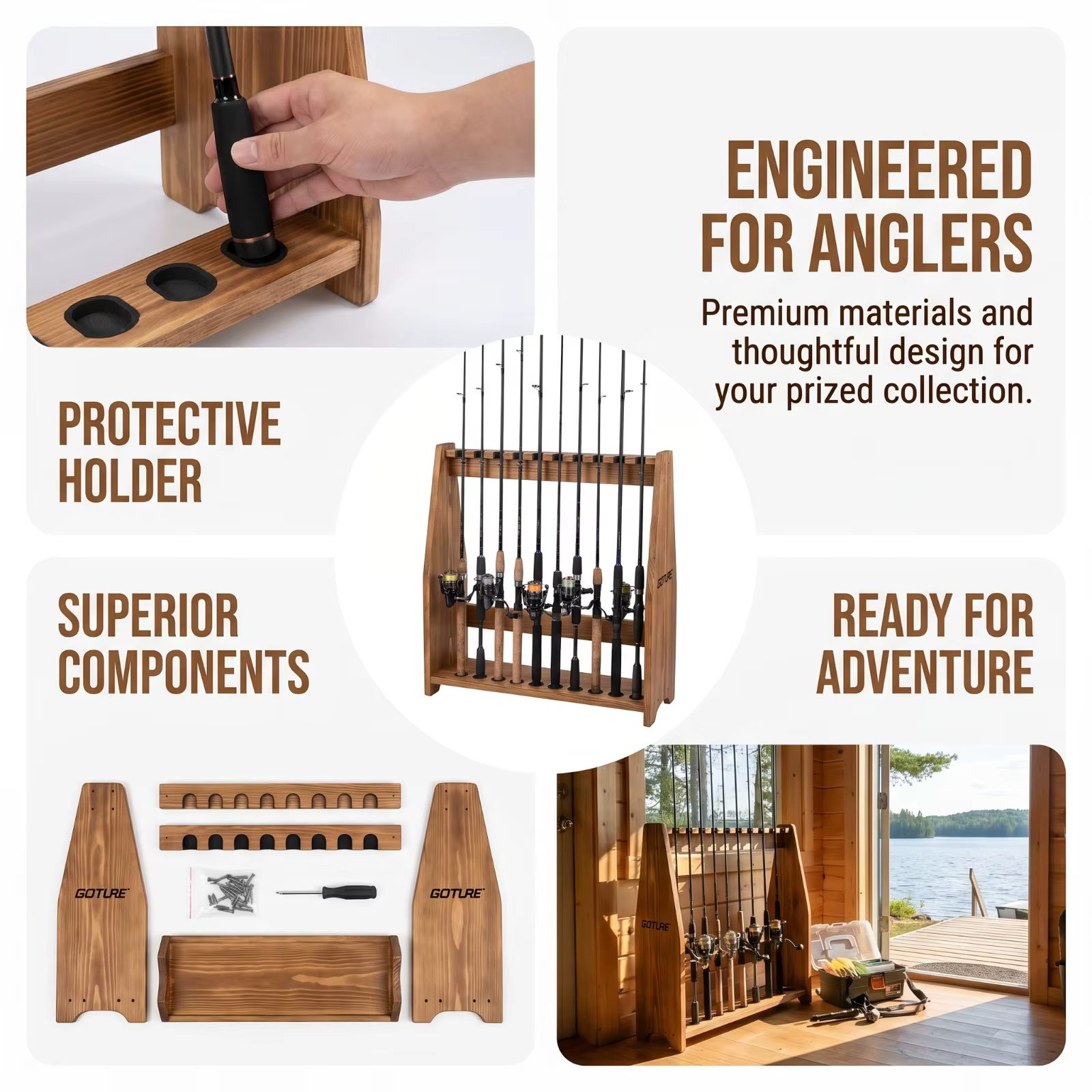 Goture Soporte vertical para cañas de pesca en pino carbonizado