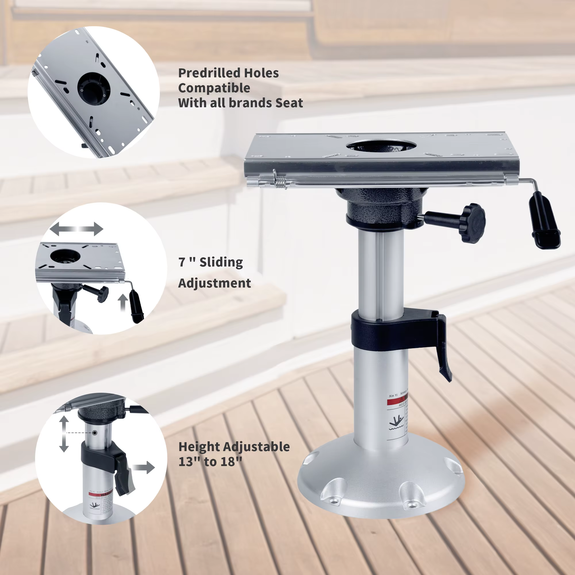 Pedestal para asiento de barco de aluminio ajustable con cerradura