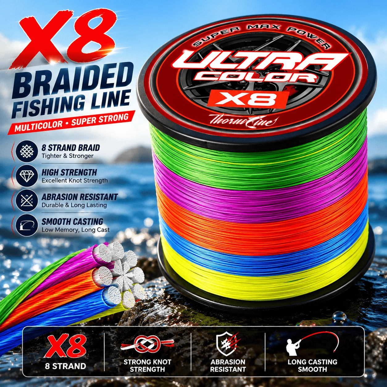 Línea de pesca trenzada PE multicolor antidesgaste para largo lance