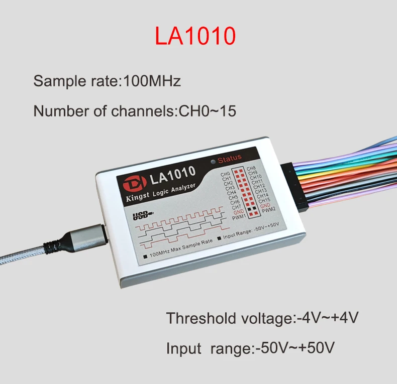 Analizador lógico USB LA1010 en uso sobre placa