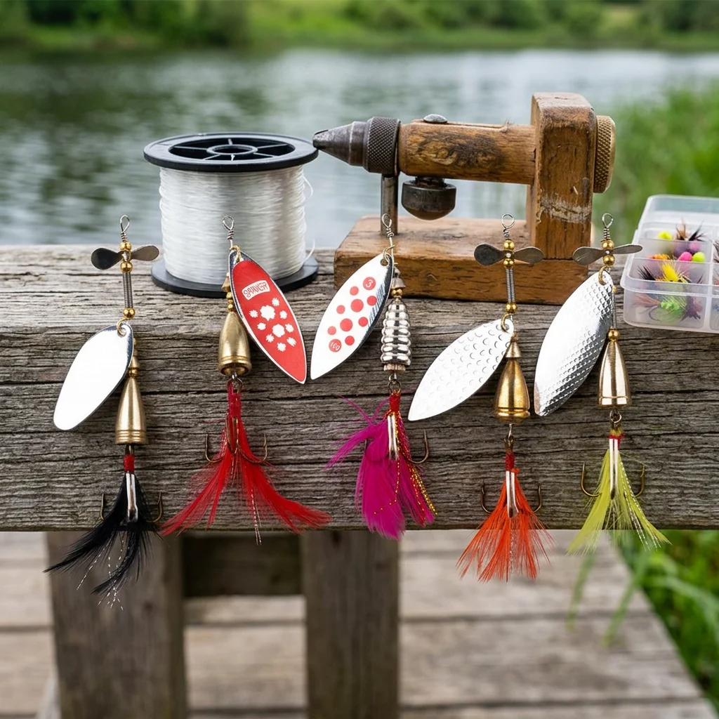 Cucharillas giratorias con anzuelo de plumas para trucha y lubina - imagen 2