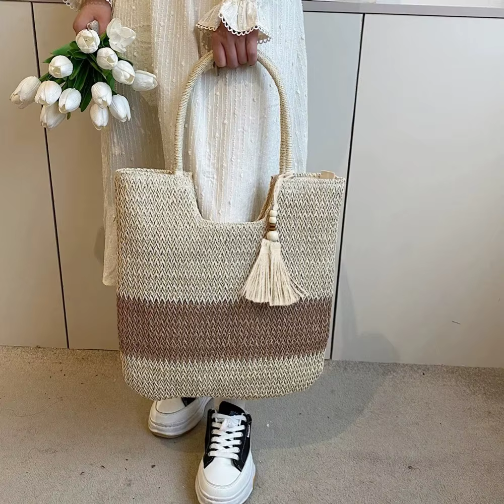 Bolso de playa de paja con borlas, gran capacidad boho - imagen 3