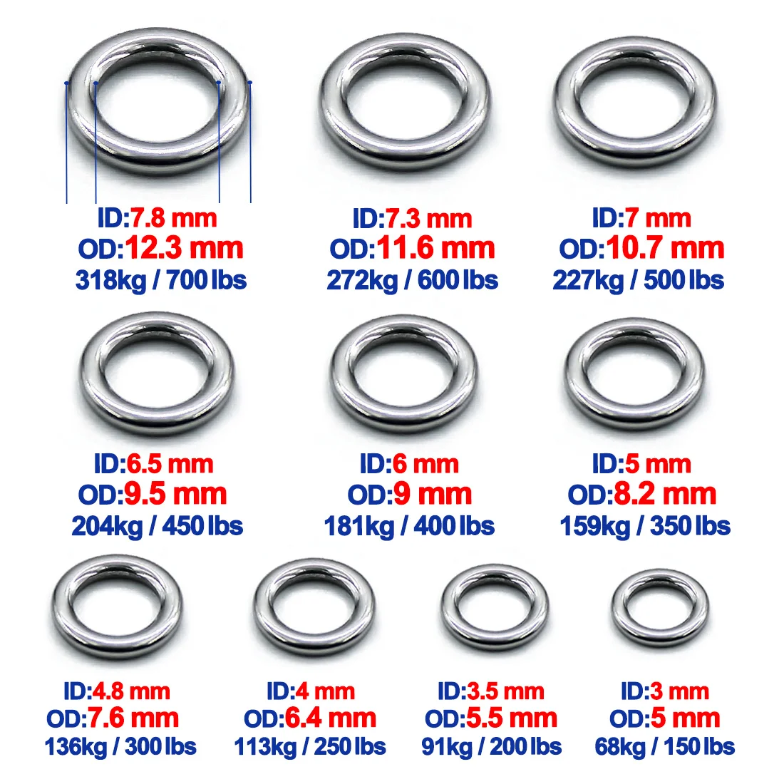 9KM Anillos Sólidos de Pesca – Conectores de Señuelos, Acero Inoxidable - imagen 2