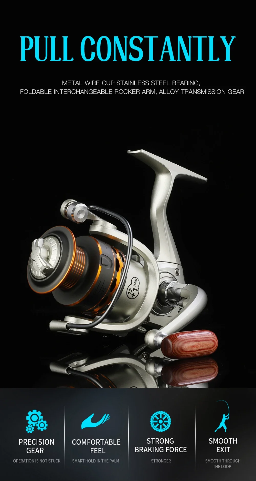 Carrete de pesca giratorio 12+1BB vista lateral