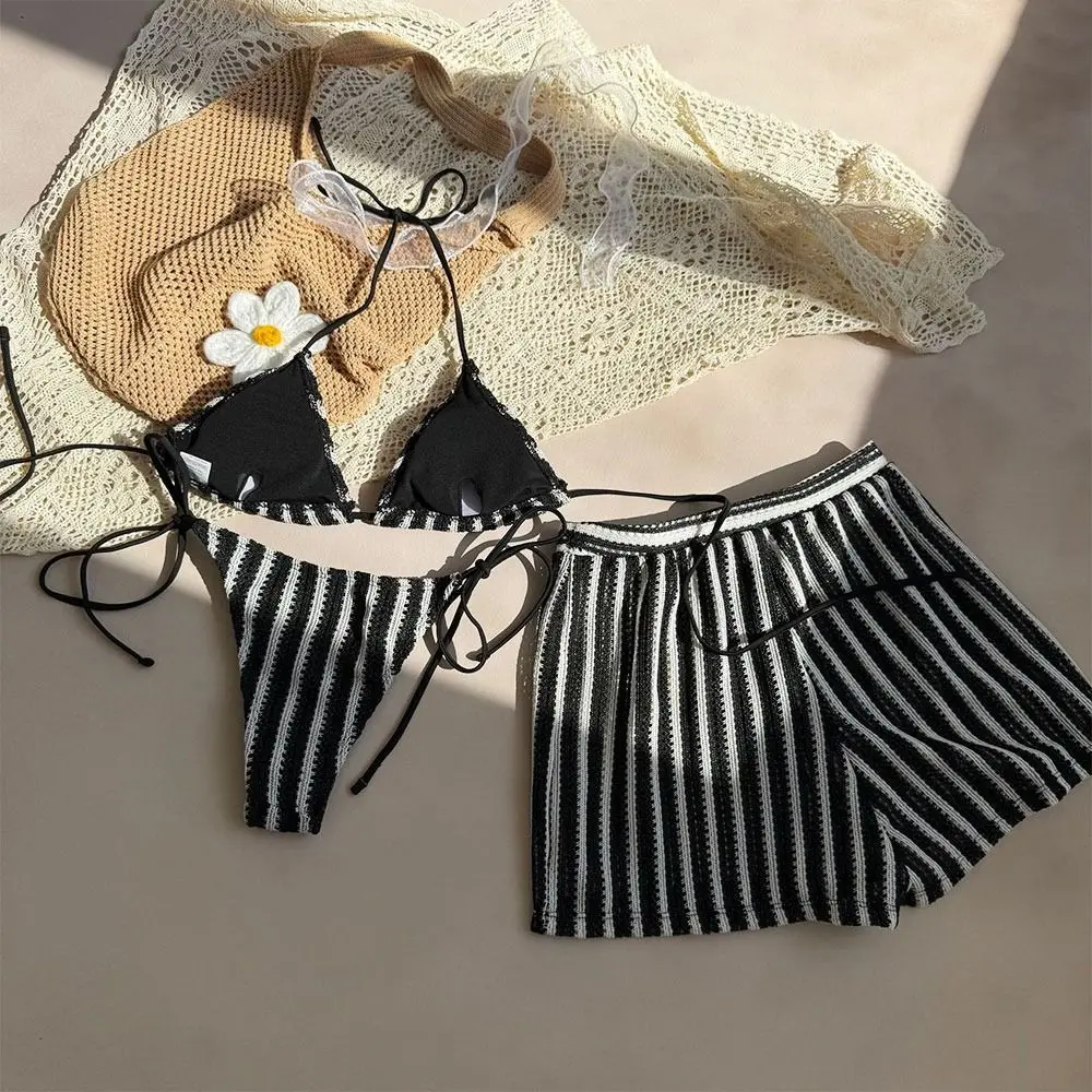 Bikini vintage de punto a rayas con lazo para mujer - imagen 2