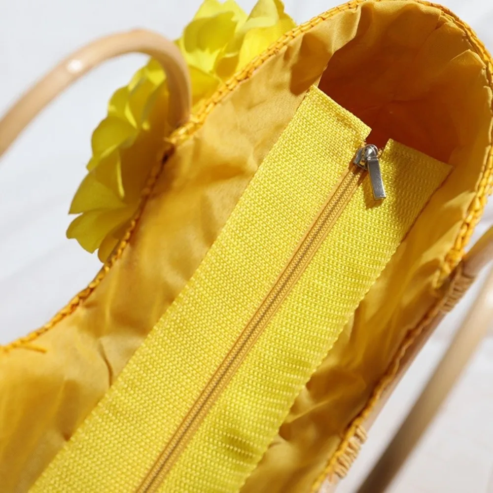 Bolso de playa bohemio paja tejida ecológico con flores y asa superior - imagen 3