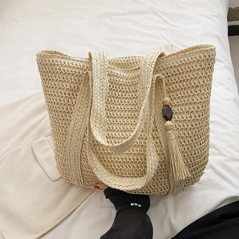 Bolso Tote sólido con borla, gran capacidad, tejido a mano mujer - imagen 2
