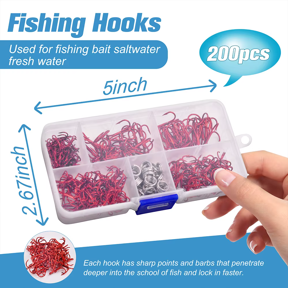 Anzuelos triples rojos acero carbono con anillos divididos para pesca - imagen 4