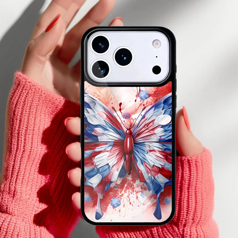 Funda para teléfono con diseño de mariposa azul y roja para iPhone – vista frontal