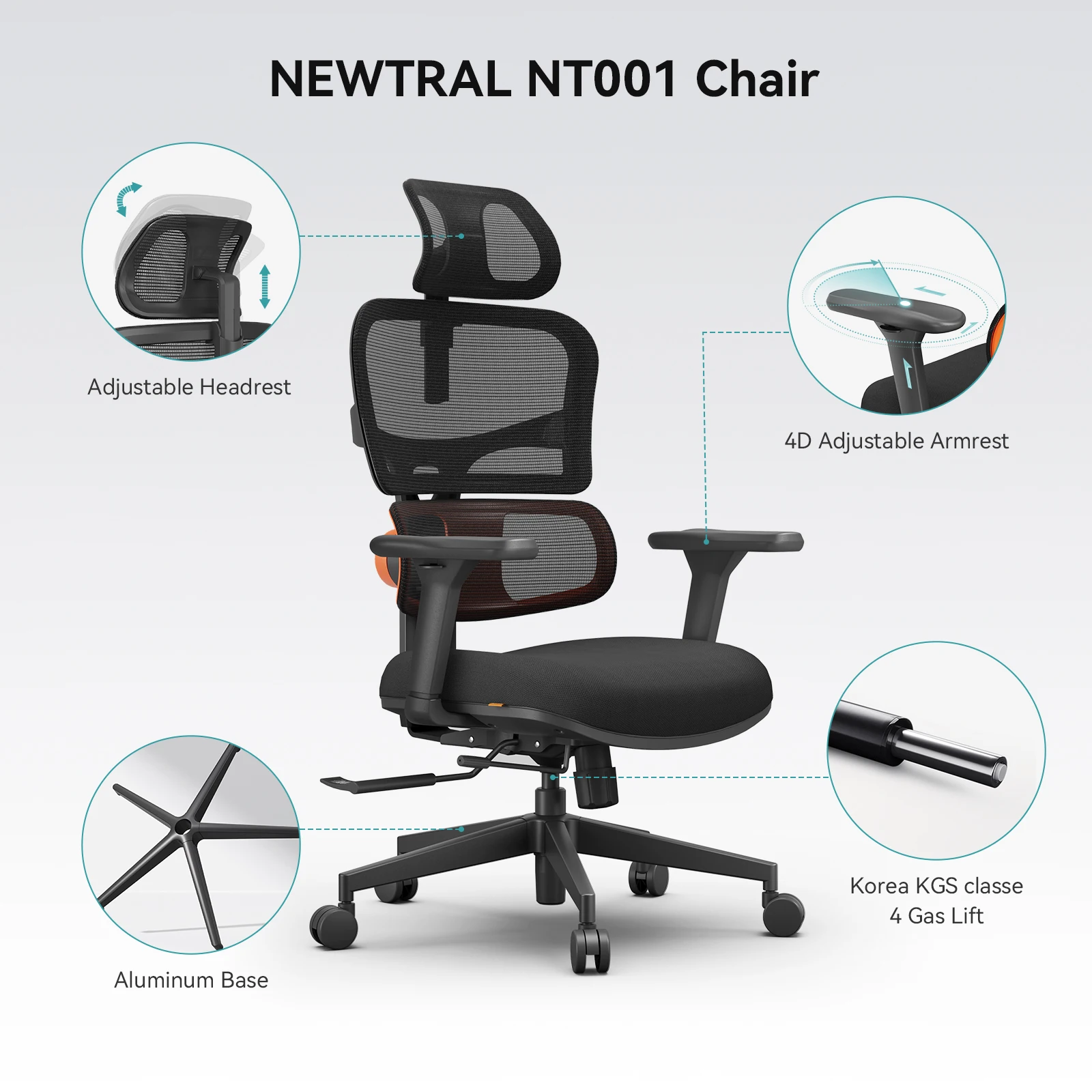 Silla ergonómica NEWTRAL NT001 con soporte lumbar y reposacabezas - imagen 3