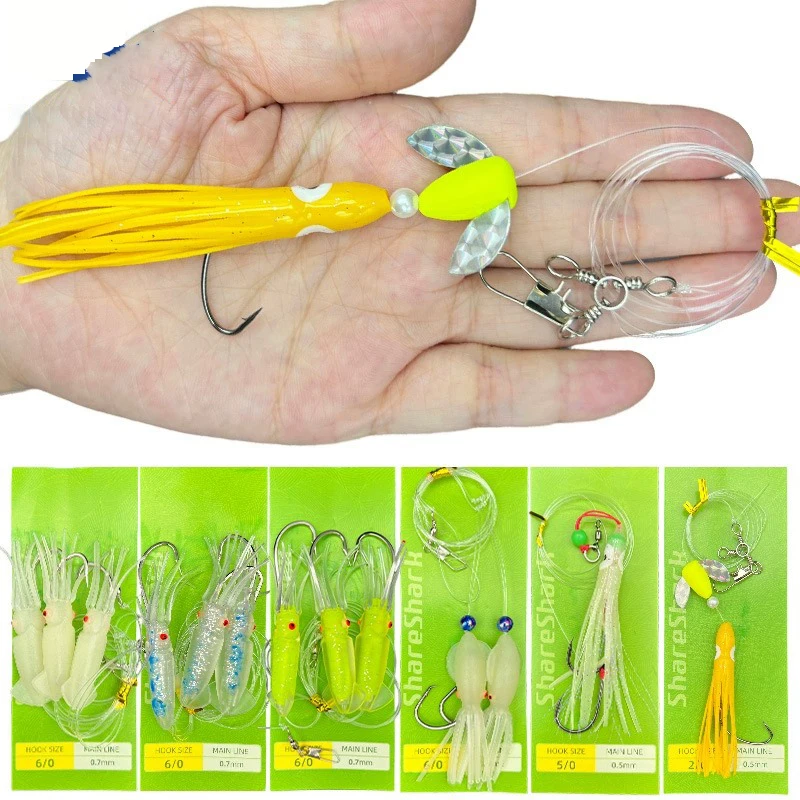 Juego de 3 señuelos luminosos suaves y anzuelos en cadena