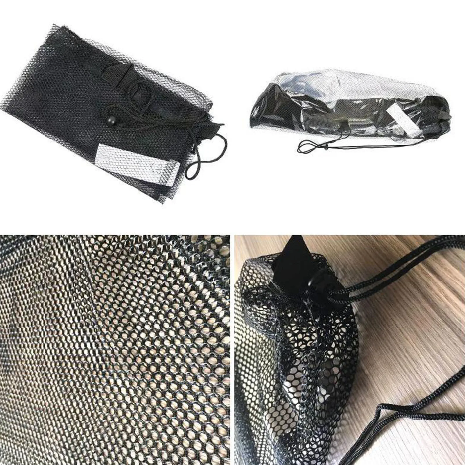 Detalle del cierre con cordón ajustable de la bolsa de malla