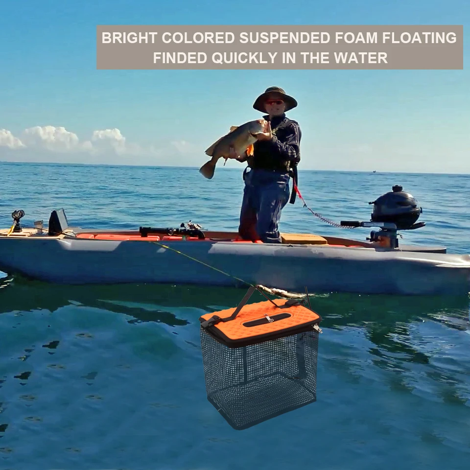 Cubo plegable flotante con red de malla para pesca deportiva
