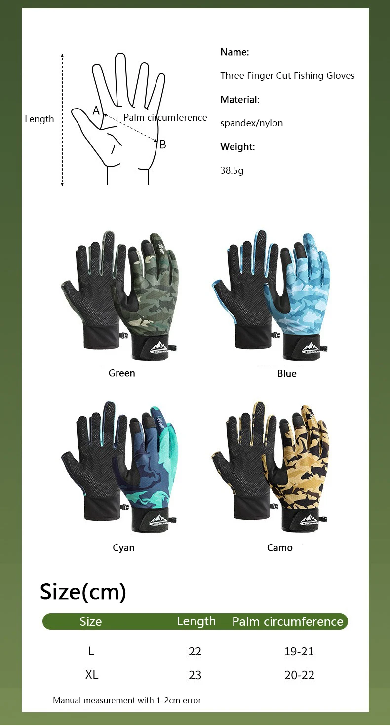 Guantes de pesca de tres dedos mostrando diseño frontal