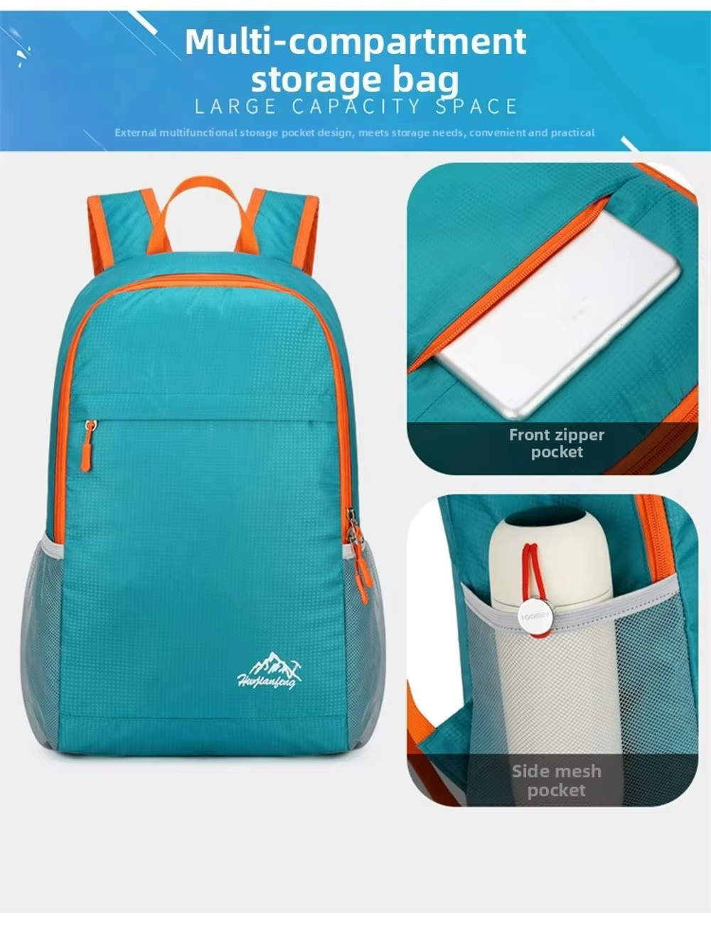 Detalle del soporte para botellas en la mochila de viaje