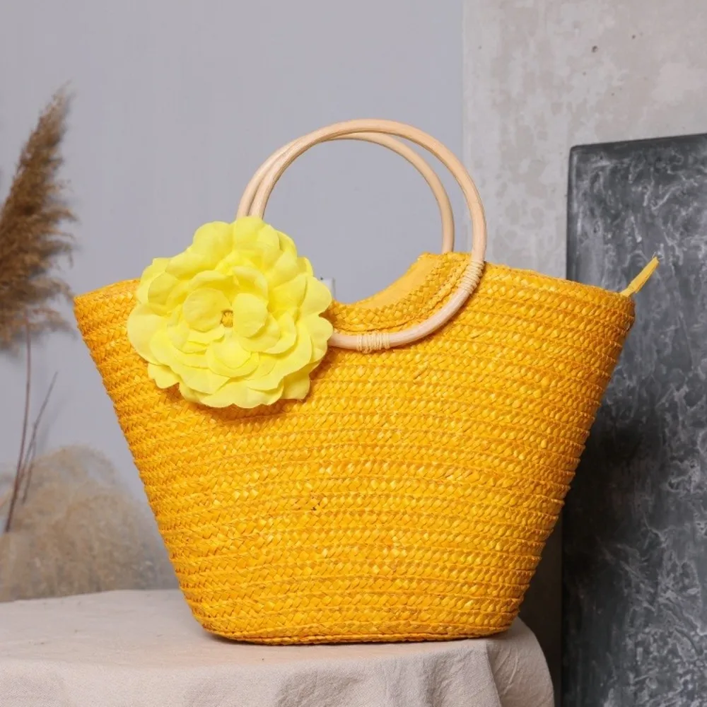 Bolso de playa bohemio paja tejida ecológico con flores y asa superior