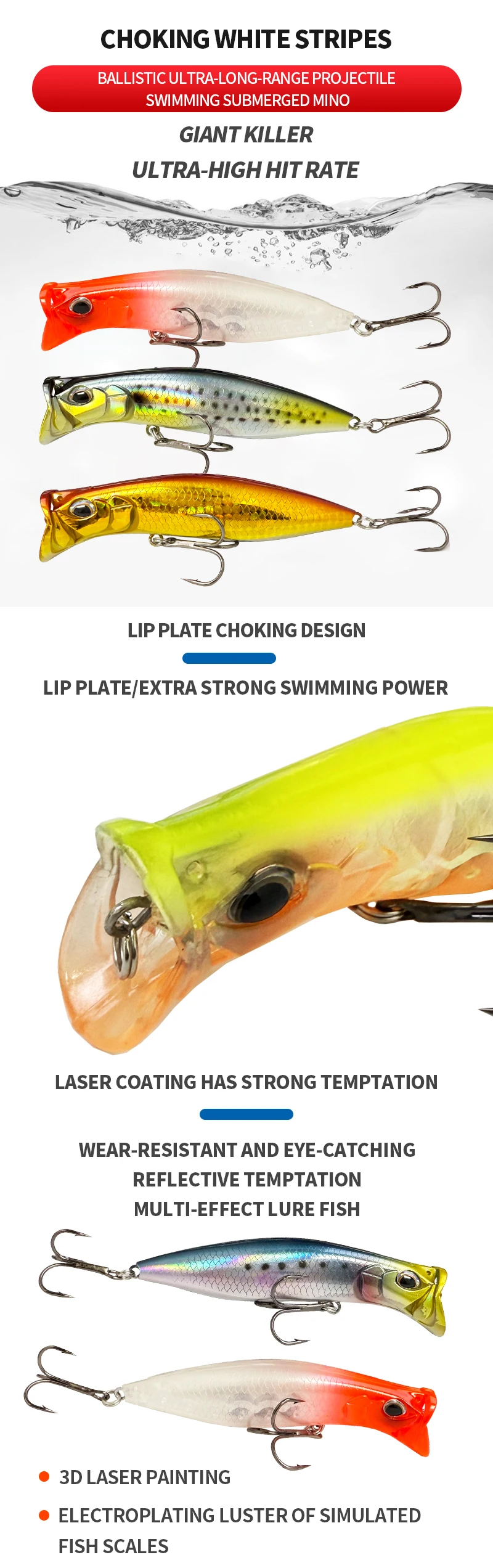 Señuelo topwater popper en uso sobre el agua