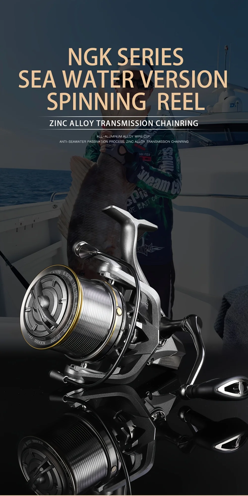 Carrete de pesca giratorio grande GLS vista lateral