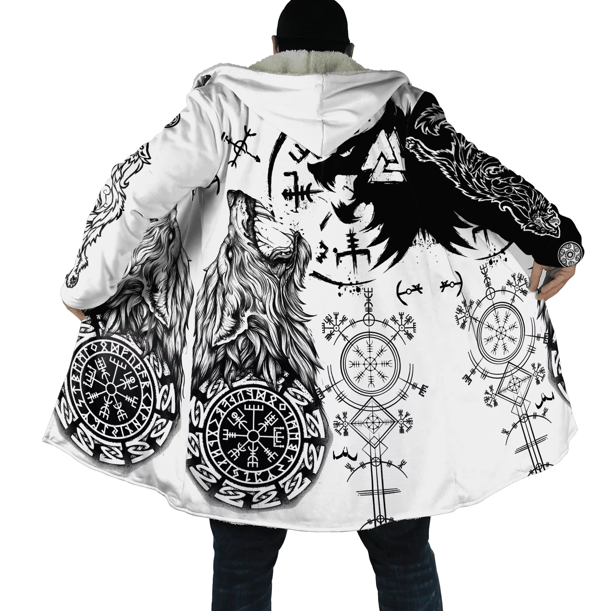 DP22 Capa polar con capucha – Estampado 3D lobo y dragón para hombre