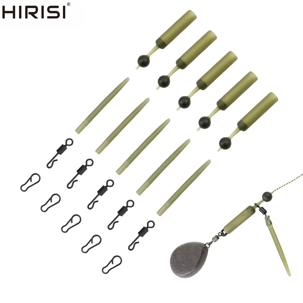 Kit accesorios pesca carpa con mangas amortiguación y clips seguridad