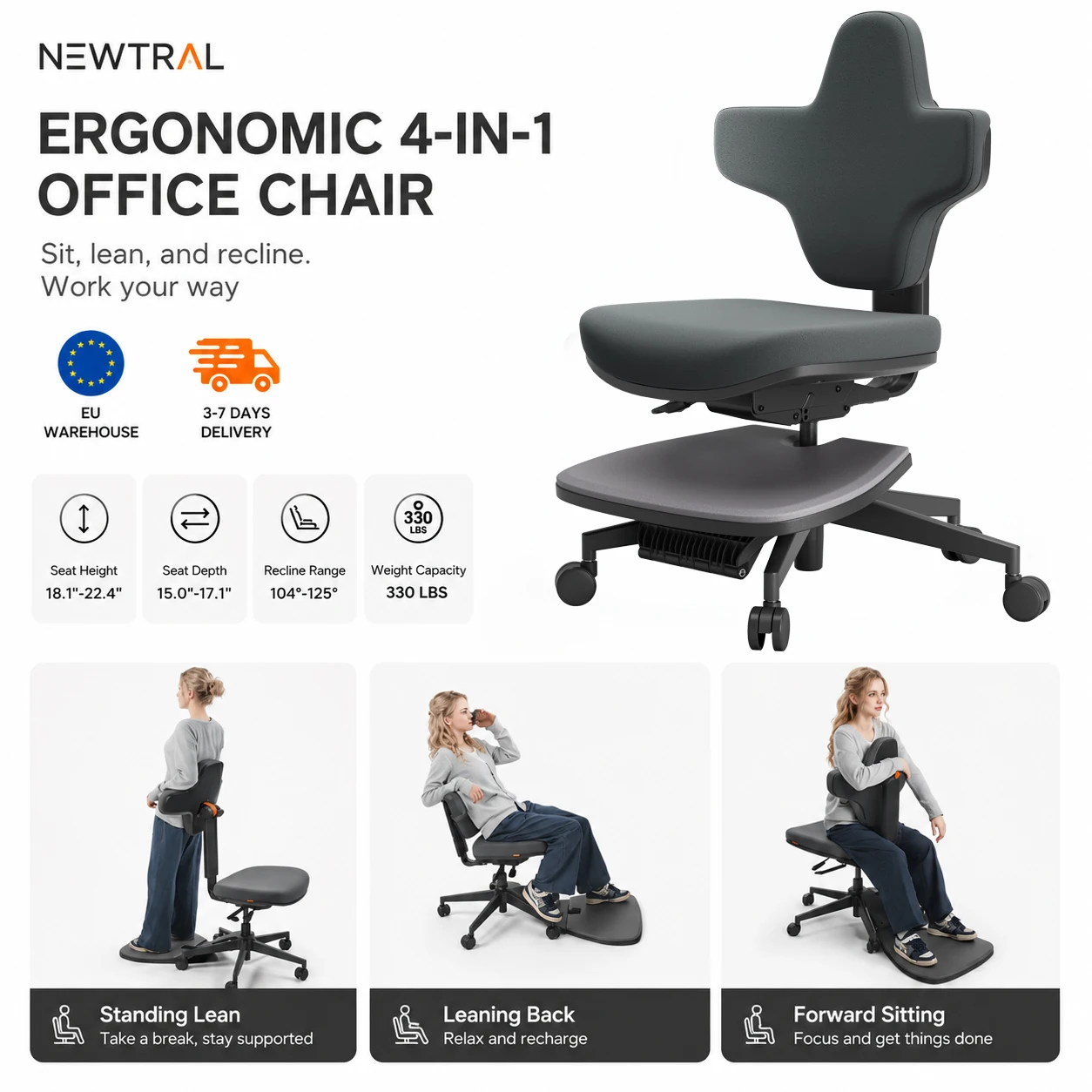 Silla ergonómica Newtral con piernas cruzadas y ruedas, respaldo