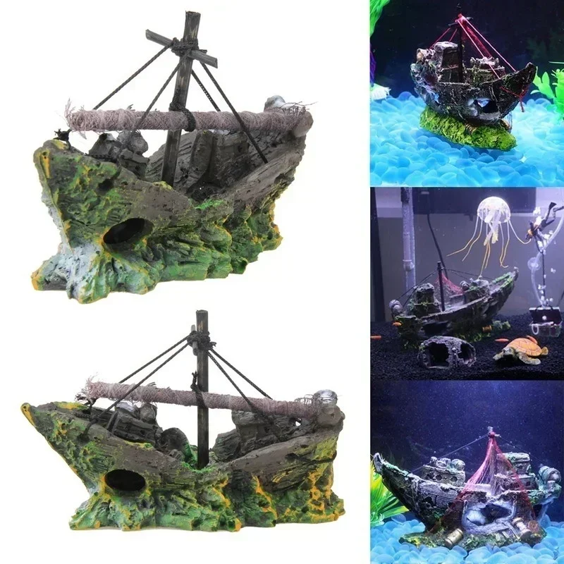 Barco pirata hundido para acuario, vista frontal del naufragio