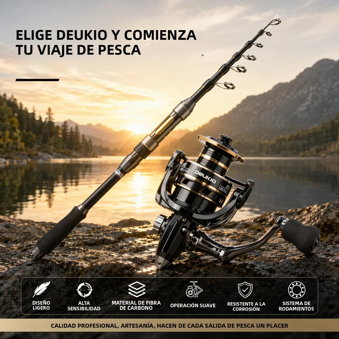 Combo caña telescópica y carrete DEUKIO para lubina y carpa - imagen 5