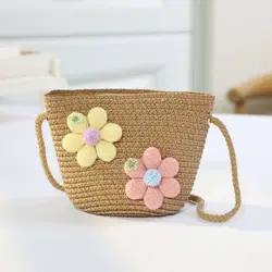 Bolso cruzado de paja tejido a mano para niña con monedero