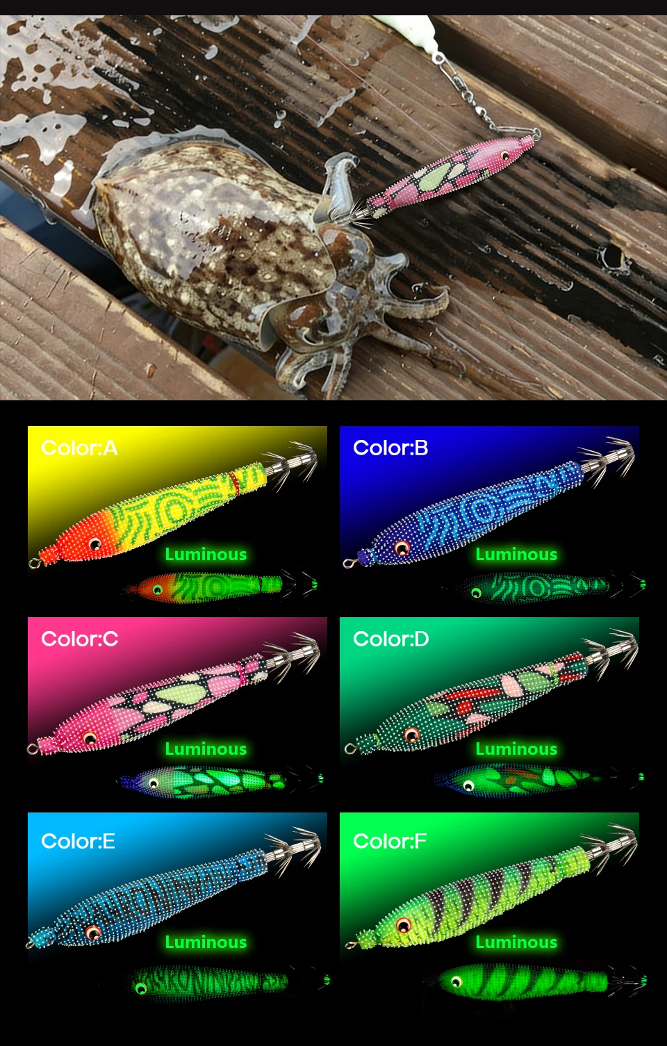 Efecto luminoso del jig en acción durante la pesca nocturna