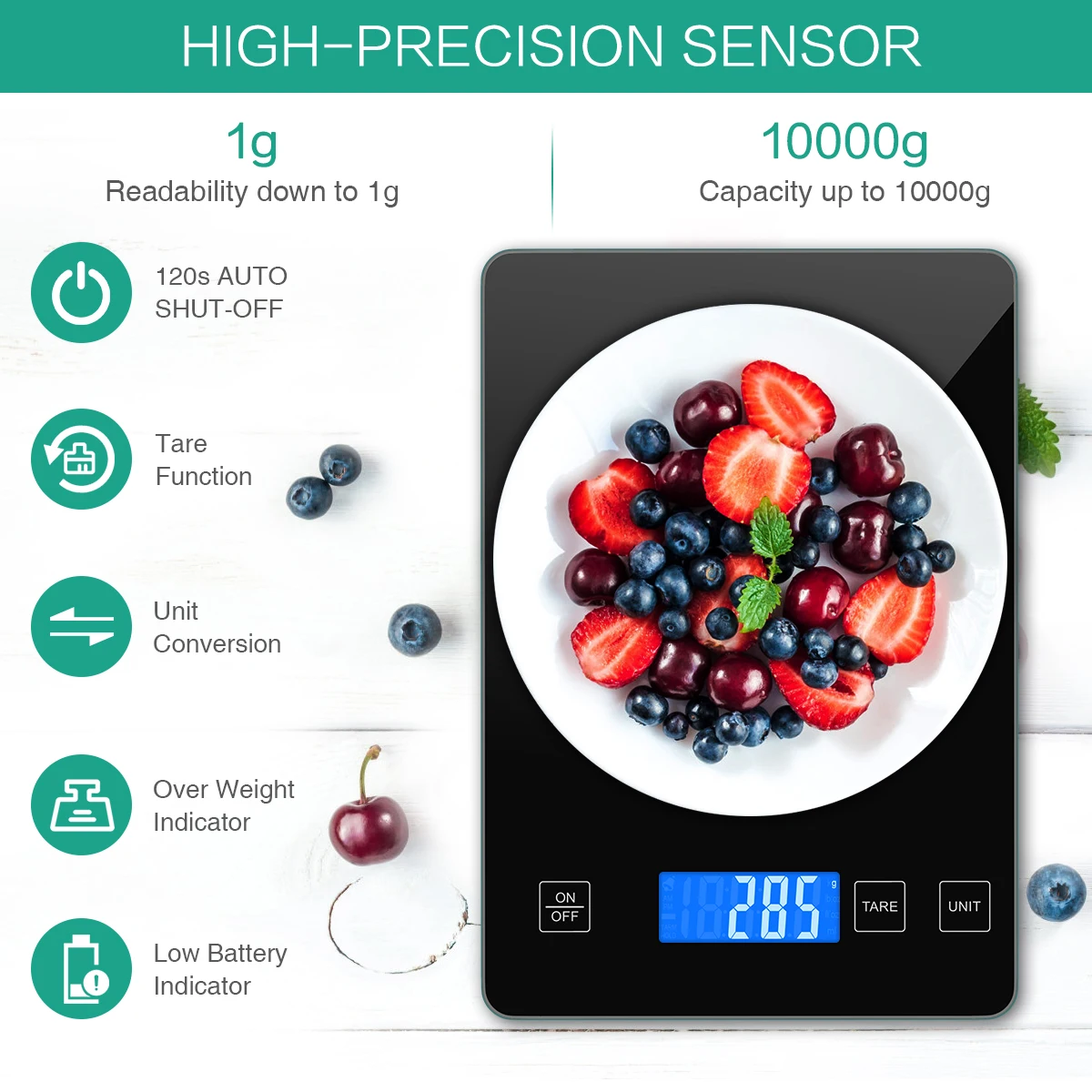 Báscula de cocina digital con pantalla LCD y plataforma de vidrio templado