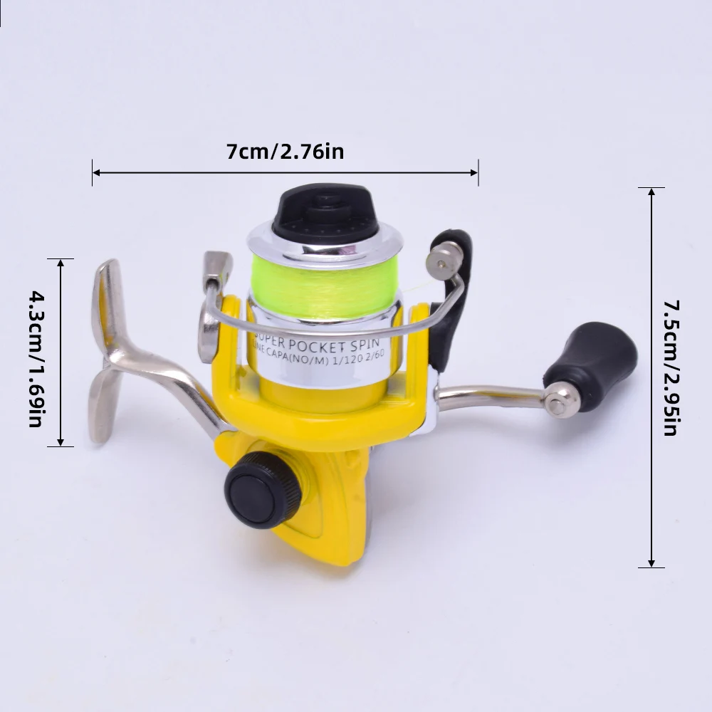 Carrete mini de pesca con acabado metálico