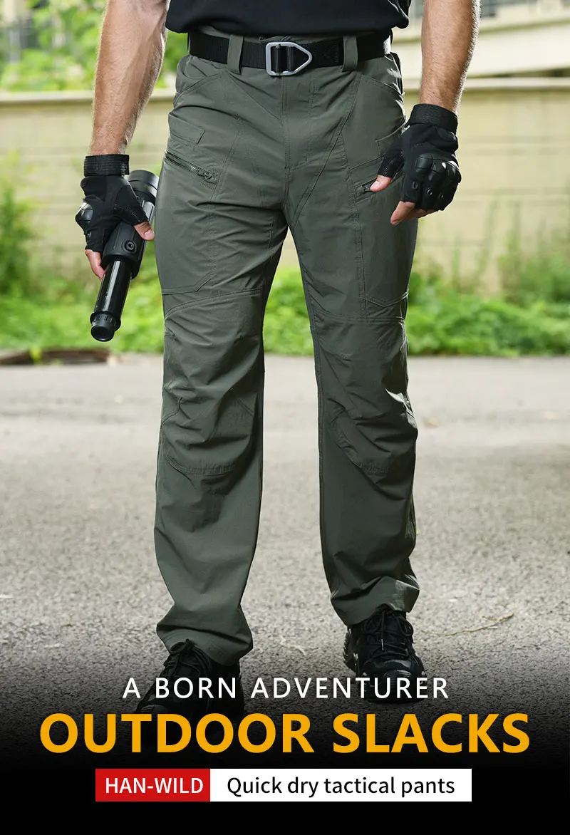 Pantalones cargo de nailon tácticos en color verde oscuro con múltiples bolsillos