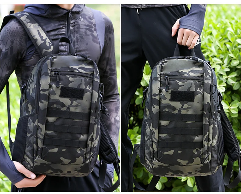 Mochila táctica de pesca en uso exterior con equipamiento completo