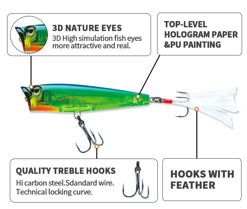 Anzuelos triples con plumas y ojo 3D realista