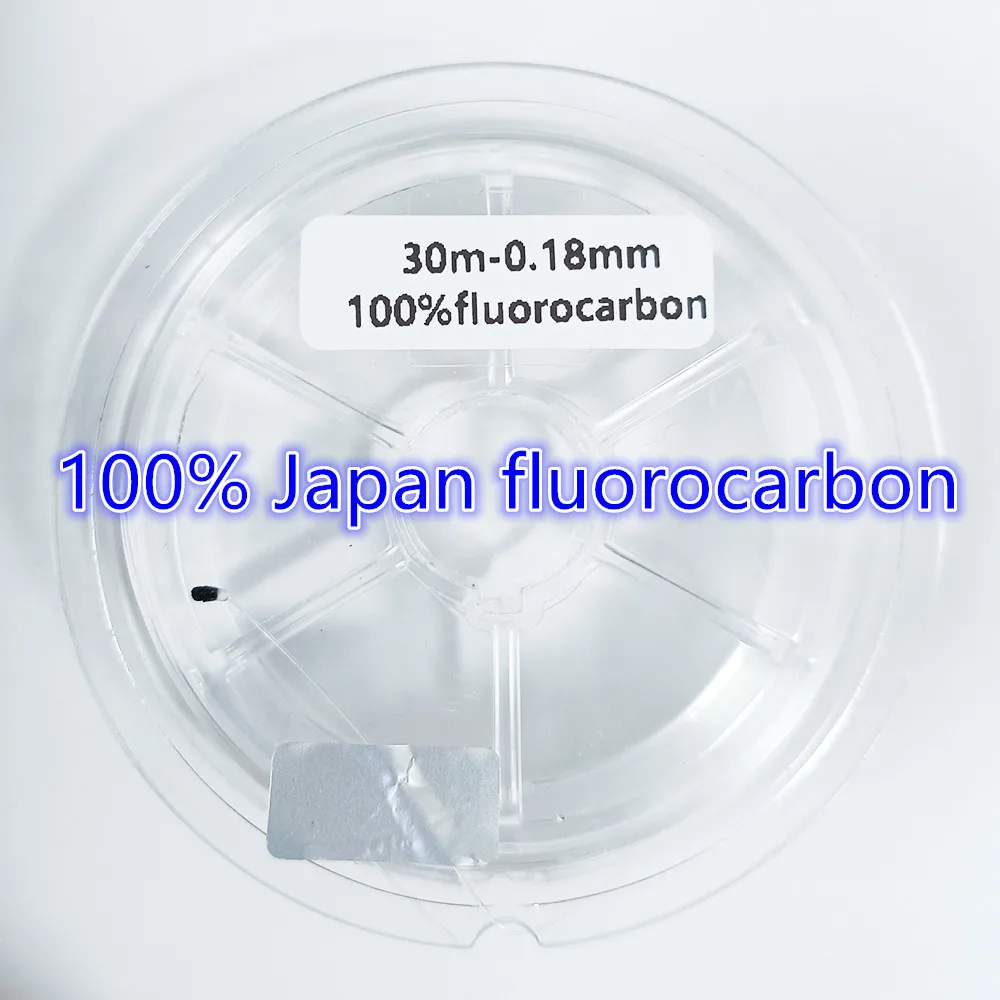 Carrete de línea de fluorocarbono de 30 metros con etiqueta de especificaciones